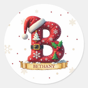 Adesivo Redondo Chapéu de Papai Noel Vermelho Natal Letra B Nome