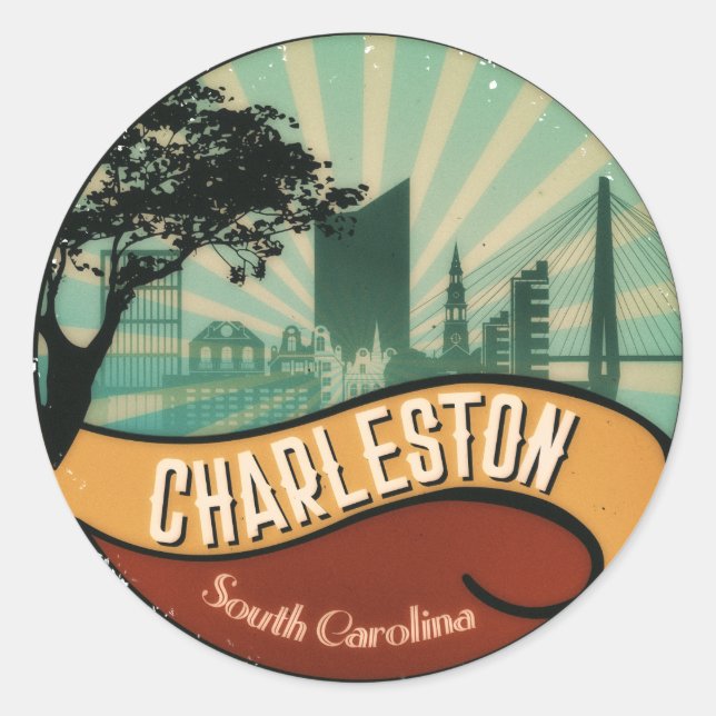 Adesivo Redondo Charleston City Skyline Retro Vintage Sticker (Frente)