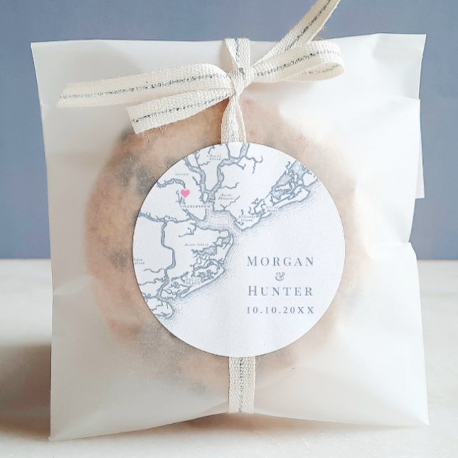 Adesivo Redondo Charleston SC Map Elegante Dusty Blue Weding Favor (Charleston SC Wedding round sticker label in Elegant dusty blue from Coastal Map Designs)
