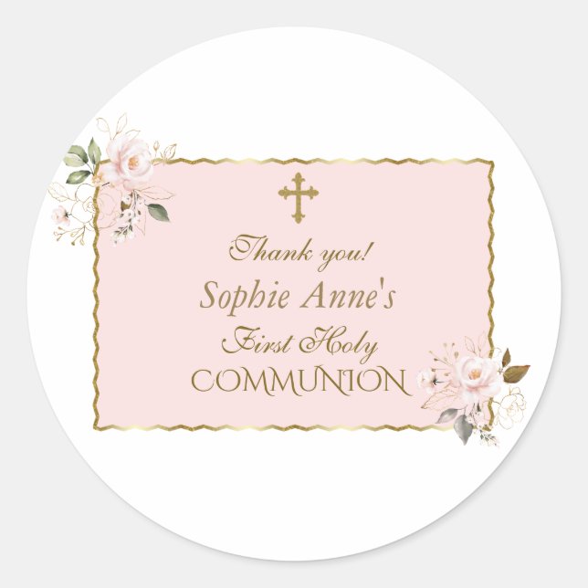 Adesivo Redondo Charm Blush Pink Floral Gold First Holy Communion (Frente)