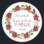 Adesivo Redondo Charm Natal Red Poinsettia Casamento<br><div class="desc">Design de cartão elegante,  com cor d'água linda,  cor vermelha e corante branca,  divisor floral,  belos guiões de escrita manual e fontes especiais. Use a ferramenta Personalizar para adicionar suas informações e fazer alterações. Para obter itens correspondentes,  visite minha coleção Poinsettia de eventos de inverno.</div>