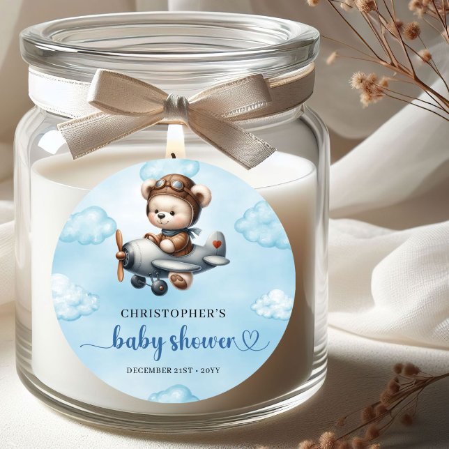 Adesivo Redondo Charming Boy Baby Shower Sticker Teddy Bear Pilot  (Charming Boy Baby Shower Sticker Teddy Bear Pilot Blue Brown

)