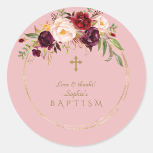 Adesivo Redondo Charming Burgundy Blush Flowers Baptism