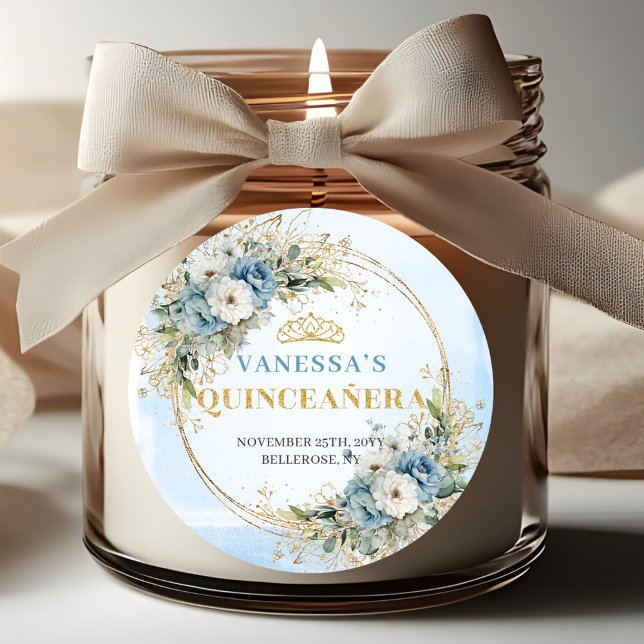 Adesivo Redondo Charming Dusty Blue Gold Greenery Quinceañera  (Must Have Quinceañera Sticker Blue and Gold)