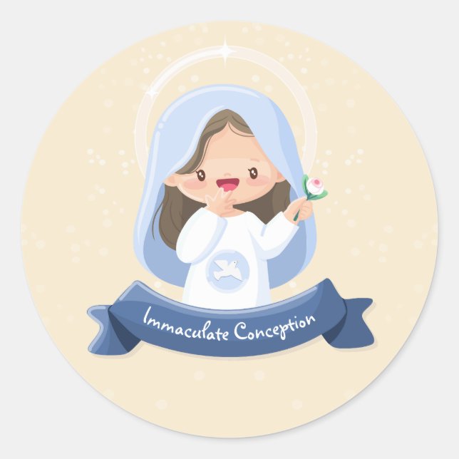 Adesivo Redondo Charmoso Virgem Kawaii Maria com Flor - bege (Frente)
