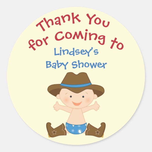 Adesivo Redondo Chás de fraldas personalizados no tema do caubói (Frente)