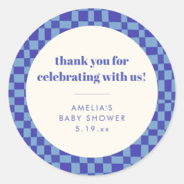 Adesivo Redondo Checkerboard Blue Custom Baby Shower Thank You