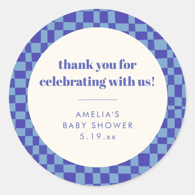 Adesivo Redondo Checkerboard Blue Custom Baby Shower Thank You (Frente)