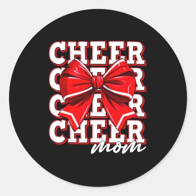 Adesivo Redondo Cheer Mom Cheerleader Bow Biggest Fan Red Team  (Frente)
