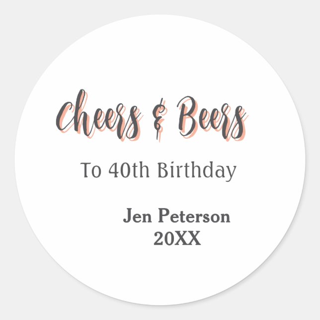 Adesivo Redondo Cheers & beers to 40th birthday gray name year sin (Frente)