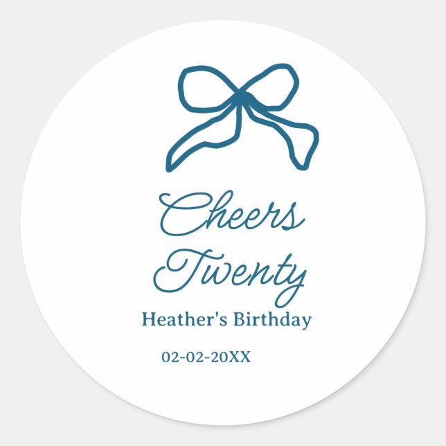 Adesivo Redondo Cheers twenty blue birthday bow name date boho ret (Frente)