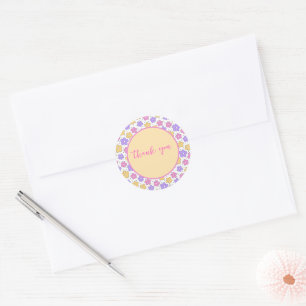Adesivo Redondo Cheery Boho Flores Rosa Púrpura Dourada Obrigado