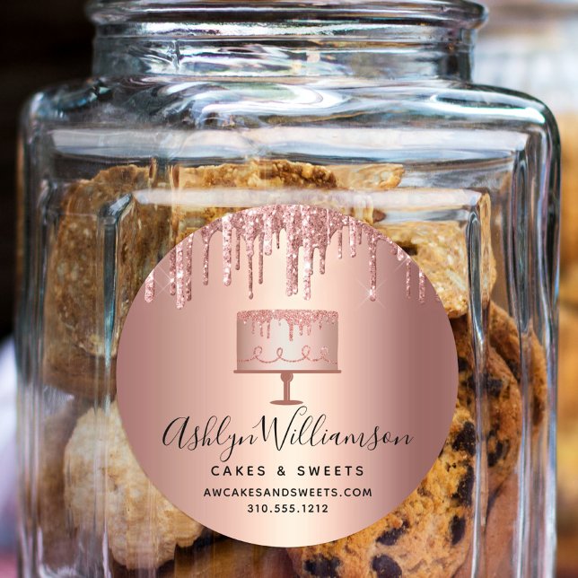 Adesivo Redondo Chef de pastelaria de Rosa de bolos Dourada de cob (Criador carregado)