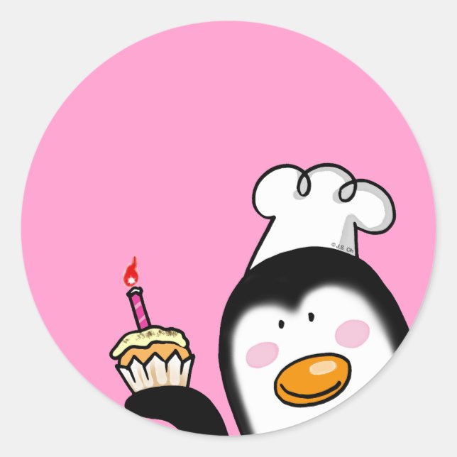 Adesivo Redondo Chef de pinguim cupcake de aniversário (Frente)