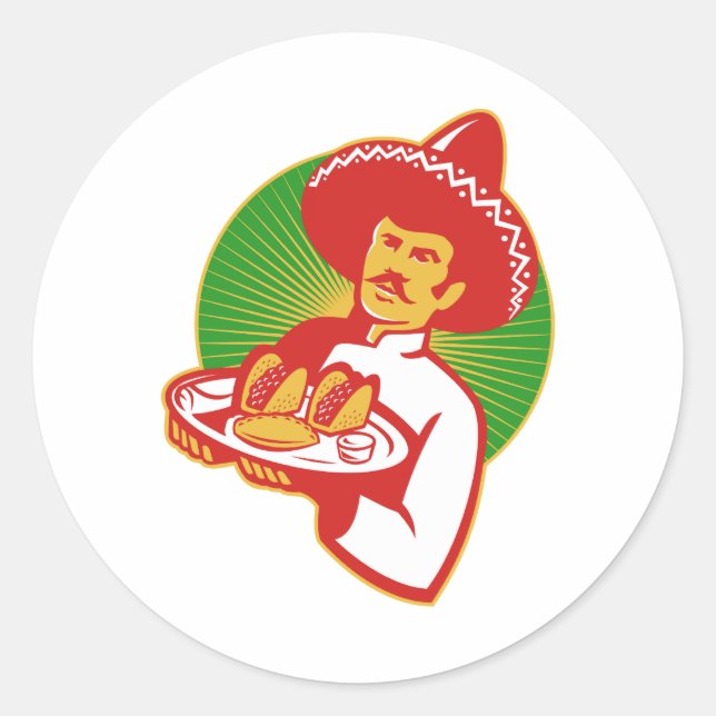 Adesivo Redondo chef mexicano servindo taco burrito empanada retro (Frente)