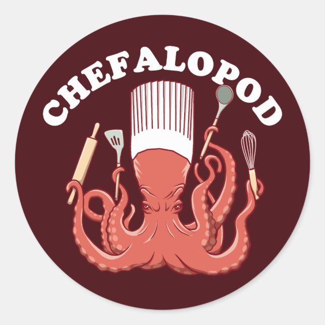 Adesivo Redondo Chefalopod | Octopus Chef Funny Pun (Frente)