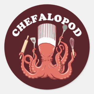 Adesivo Redondo Chefalopod   Octopus Chef Funny Pun