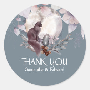 Adesivo Redondo Cheio de gato negro Lua Dusky obrigado azul floral