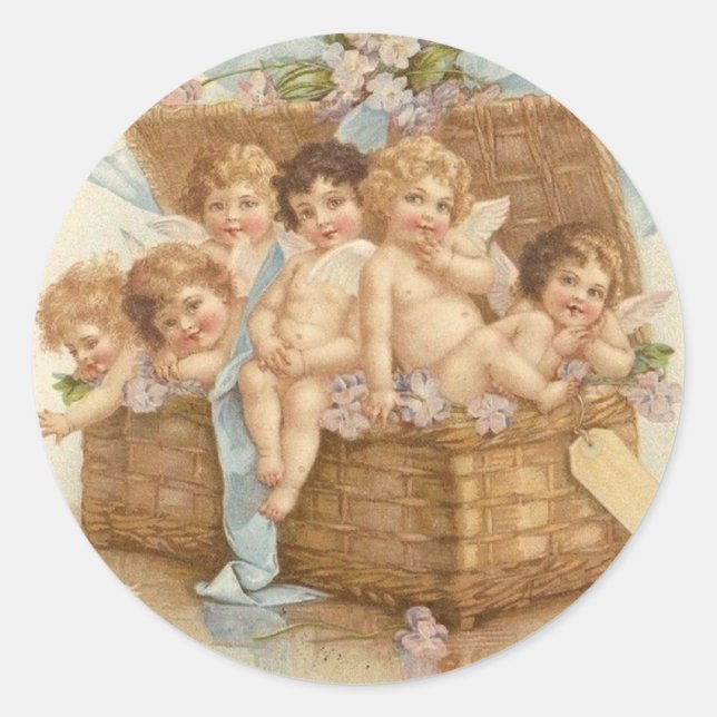 Adesivo Redondo Cheio Vintage Basket De Angel Cherubs (Frente)
