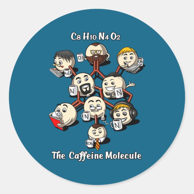 Adesivo Redondo Chemistry Caffeine Molecule Funny Science Geek Cof (Frente)