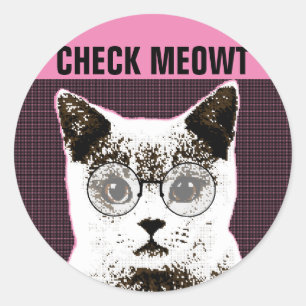 Adesivo Redondo Cheque o Meowy, um gato engraçado com óculos de so