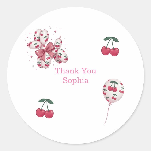 Adesivo Redondo Cherry Balloon Dog Birthday Thank You Sticker (Frente)