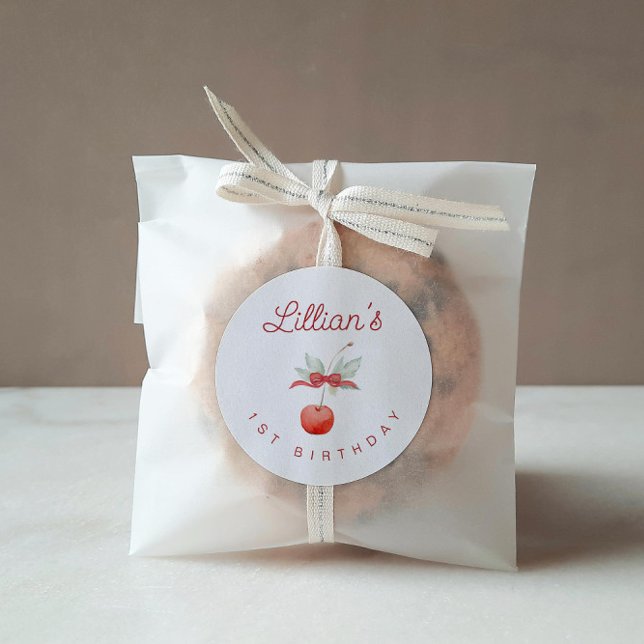 Adesivo Redondo Cherry e Red Ribbon Festa de aniversário (Criador carregado)