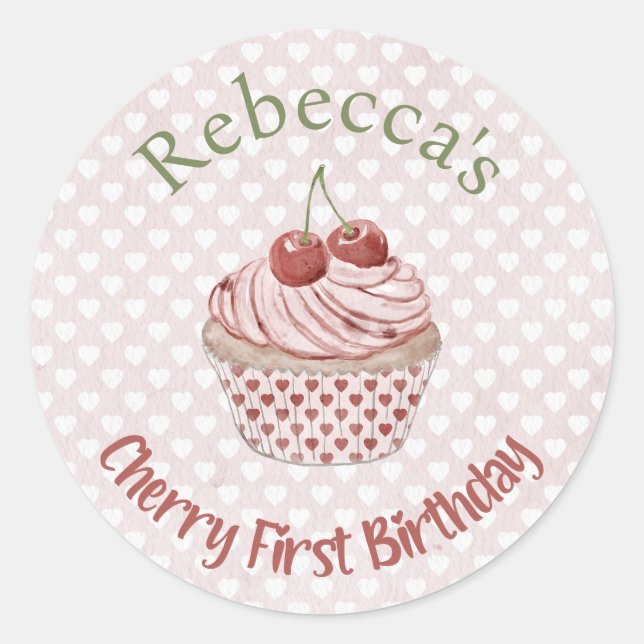 Adesivo Redondo Cherry First Birthday Coquette Watercolor Cupcake (Frente)