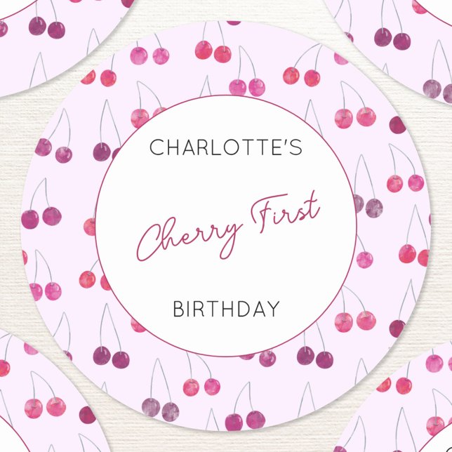 Adesivo Redondo Cherry First Birthday Personated Watercolor (Cherries Cherry First birthday personalized stickers)