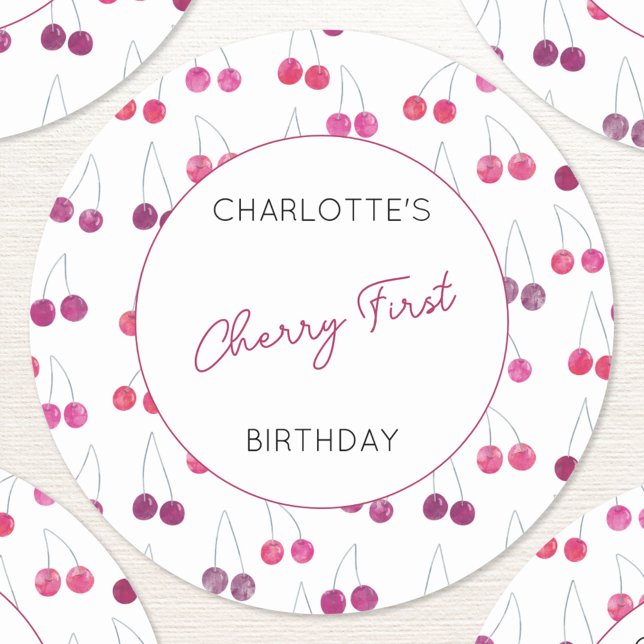 Adesivo Redondo Cherry First Birthday Personated Watercolor (Cherries Cherry First birthday personalized stickers)