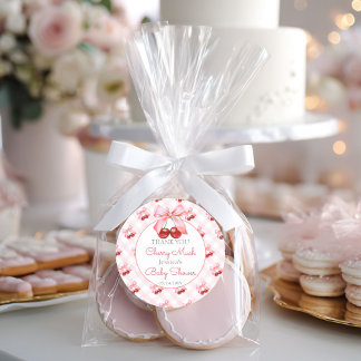 Adesivo Redondo Cherry Pink Bow Baby Shower