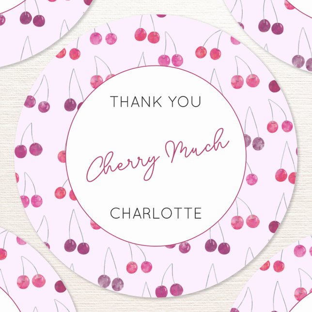 Adesivo Redondo Cherry Pink Watercolor Personalizado Obrigado (Cute watercolor cherry pink and white pattern personalized name text thank you cherry much stickers)