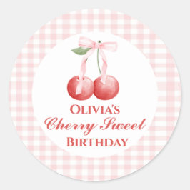 Adesivo Redondo Cherry Sweet aniversário Gingham, Arco Rosa