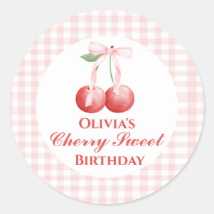 Adesivo Redondo Cherry Sweet aniversário Gingham, Arco Rosa