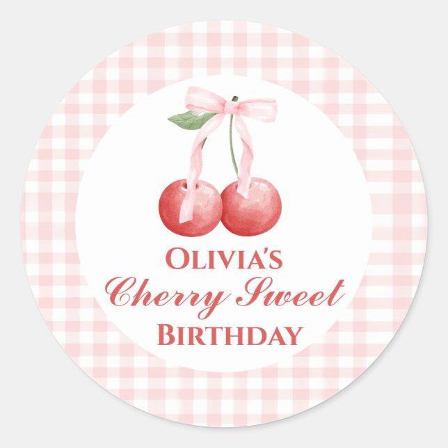 Adesivo Redondo Cherry Sweet aniversário Gingham, Arco Rosa (Frente)