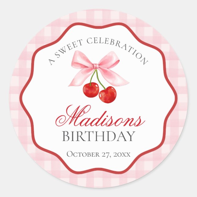 Adesivo Redondo Cherry Sweet Pink Coquette Arco Birthday Seal (Frente)