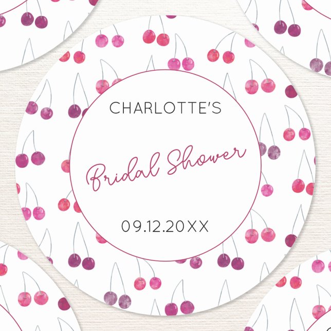 Adesivo Redondo Cherry Watercolor Chá de panela Personalizado (Personalized custom text date name bridal shower watercolor cherry sticker)