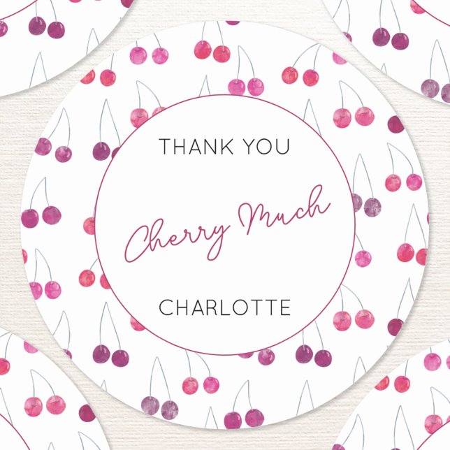 Adesivo Redondo Cherry Watercolor Personalizado Obrigado (Cute watercolor cherry pink and white pattern personalized name text thank you cherry much stickers)