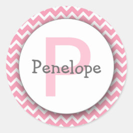 Adesivo Redondo Chevron Monograma Bookplate Pink branco-rosa