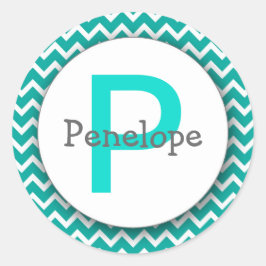 Adesivo Redondo Chevron Monograma Bookplate Turquoise Blue