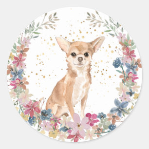 Adesivo Redondo Chhuahua Dog Flowers Wreath