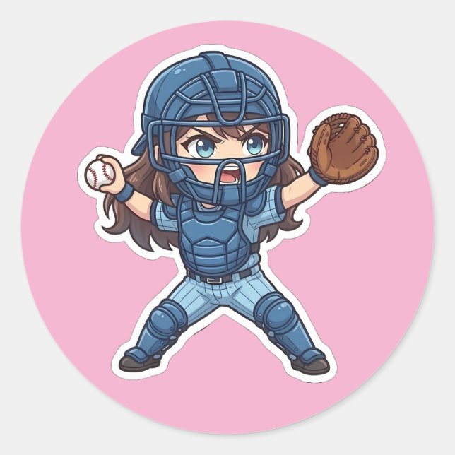 Adesivo Redondo Chibi Baseball 2026 Edition - Catcher Throw-down (Frente)
