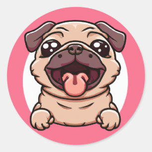 Adesivo Redondo Chibi Bonito Pug Saindo Através Do Buraco