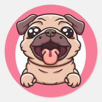 Adesivo Redondo Chibi Bonito Pug Saindo Através Do Buraco