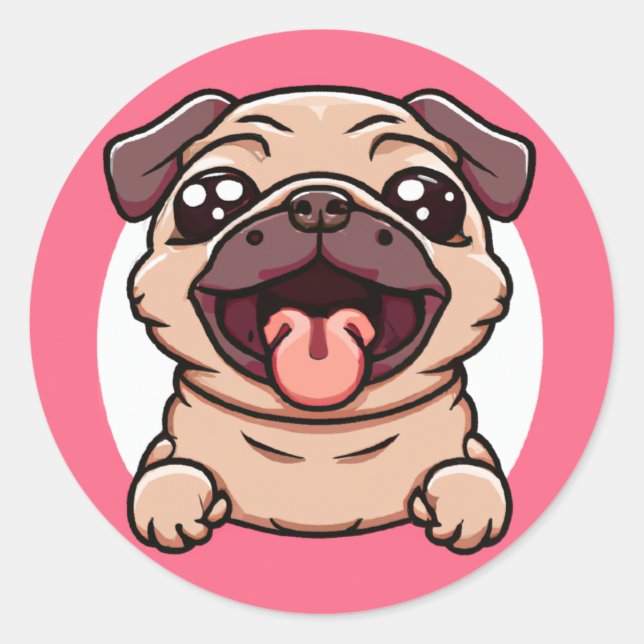 Adesivo Redondo Chibi Bonito Pug Saindo Através Do Buraco (Frente)