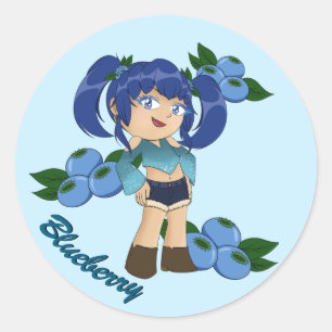 Adesivo Redondo Chibi de tema de mirtilo branco com mirtilos azuis