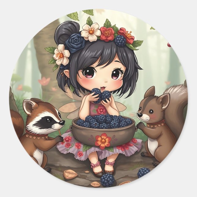 Adesivo Redondo Chibi Fairy Eating Blackberries with Forest Friend (Frente)
