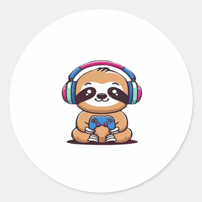 Adesivo Redondo Chibi Kawaii Sloth Gamer - Cute Funny Animal com (Frente)
