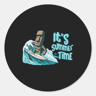 Adesivo Redondo Chibi Moai Humor Surfe Tempo de Verão Praia Oceano