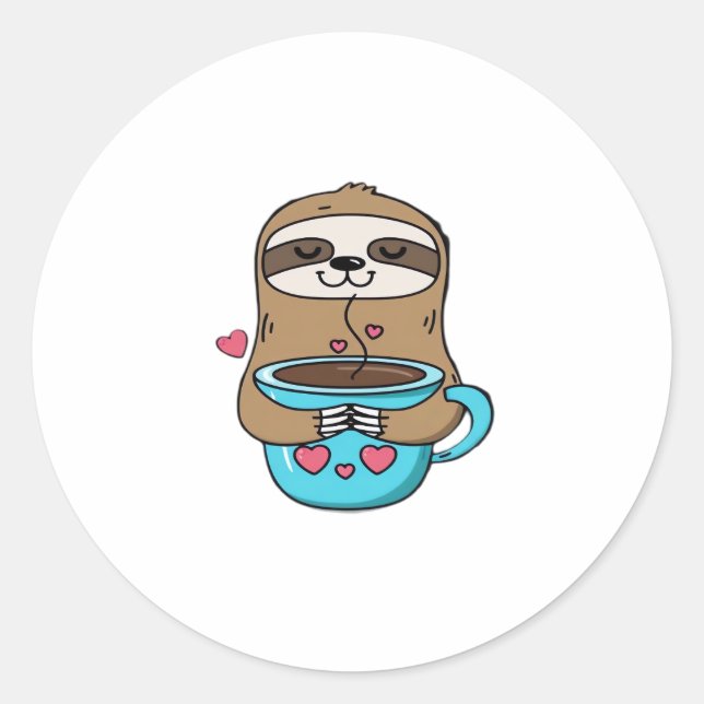 Adesivo Redondo Chibi Sloth Coffee Lover - Cute Kawaii Sloth Huggi (Frente)